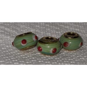 NEW SET OF 3 PANDORA MURANO BEADS GREEN WITH SWIRLD RED/WHITE POLKA DOTS - REALL